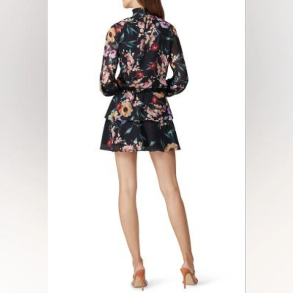 Yumi Kim Class Act Long Sleeve Floral Mock Neck Ruffle Mini Dress Black XS NWT - Picture 6 of 15